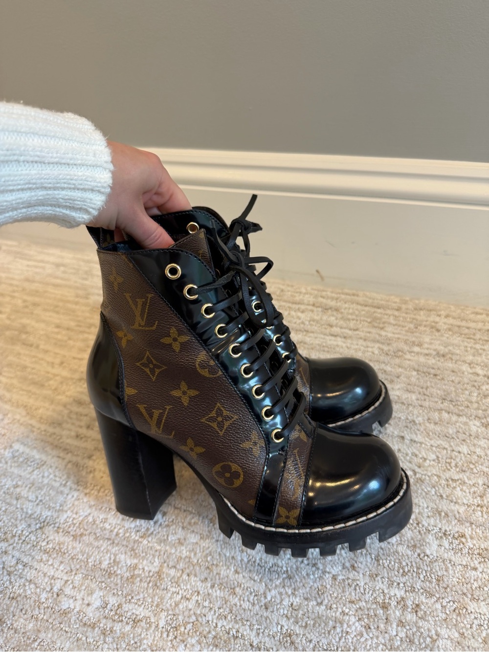 Louis Vuitton Black and Brown Monogram Lace-Up Platform Boots
